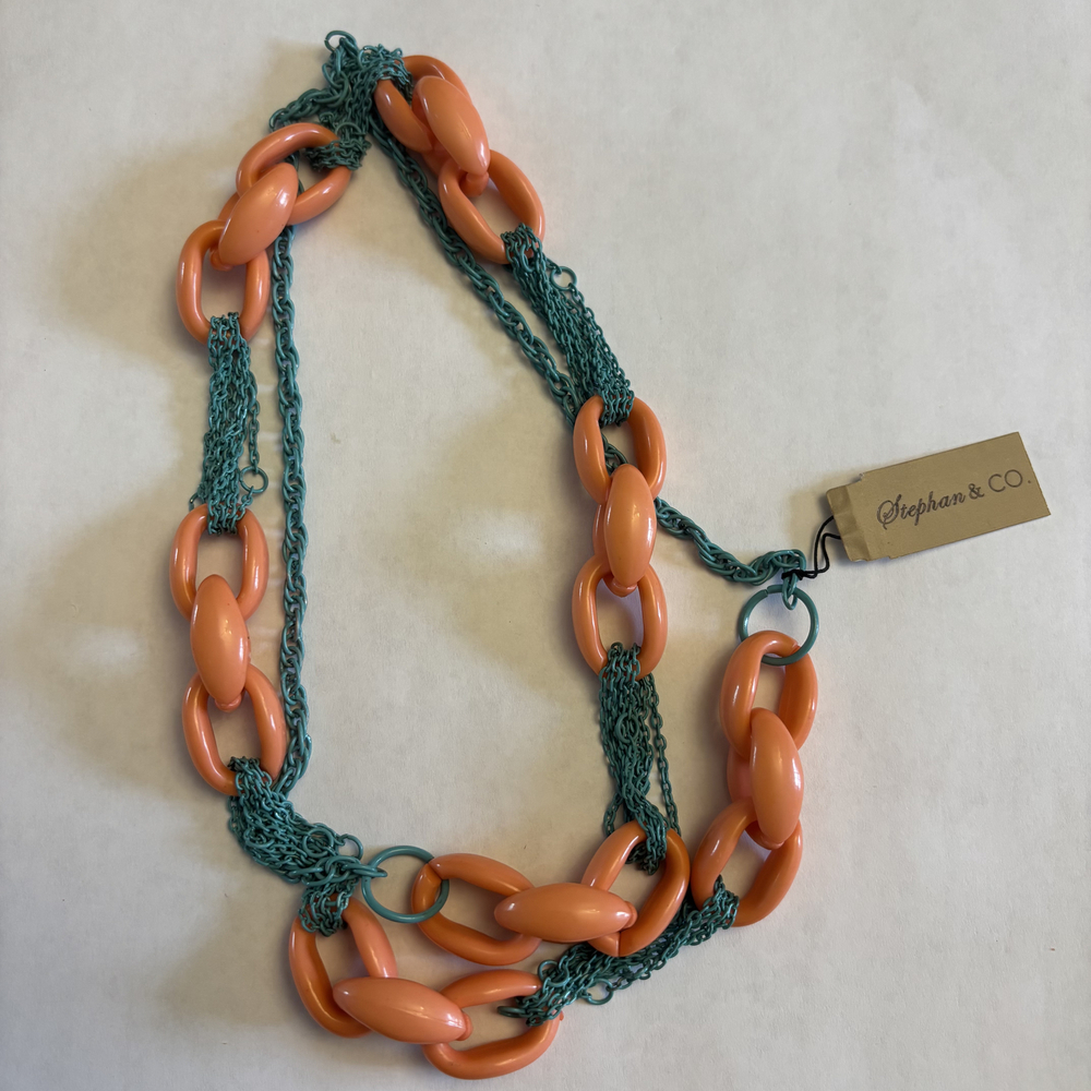 Stephan & Co. Teal Fine Chain & Peach Acrylic Link Chunky Statement Necklace NWT